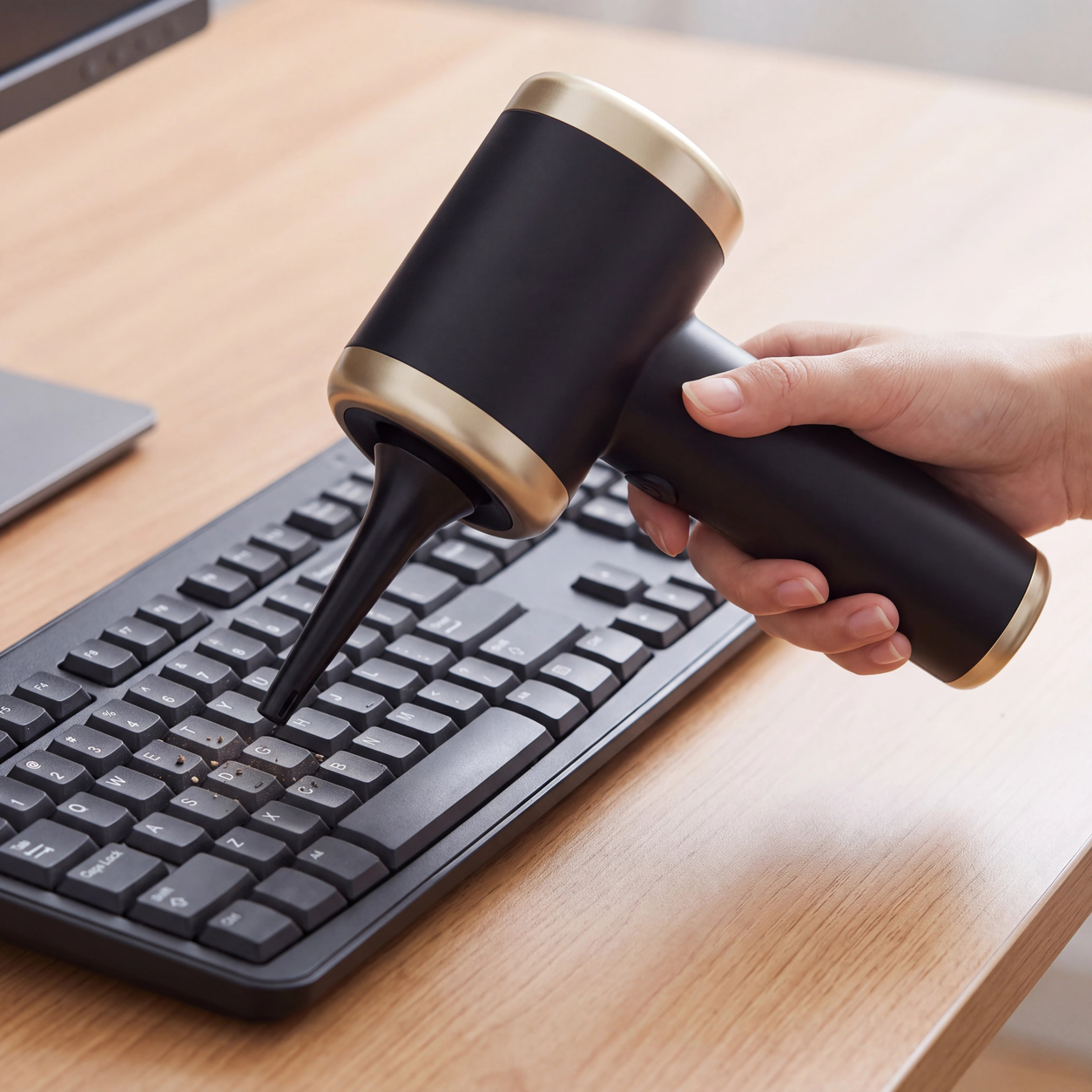 Mini vacuum and blower clearing loose dust from a keyboard