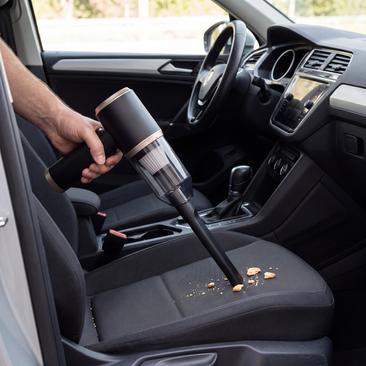Mini vacuum with crevice nozzle picking up crumbs from a car seat