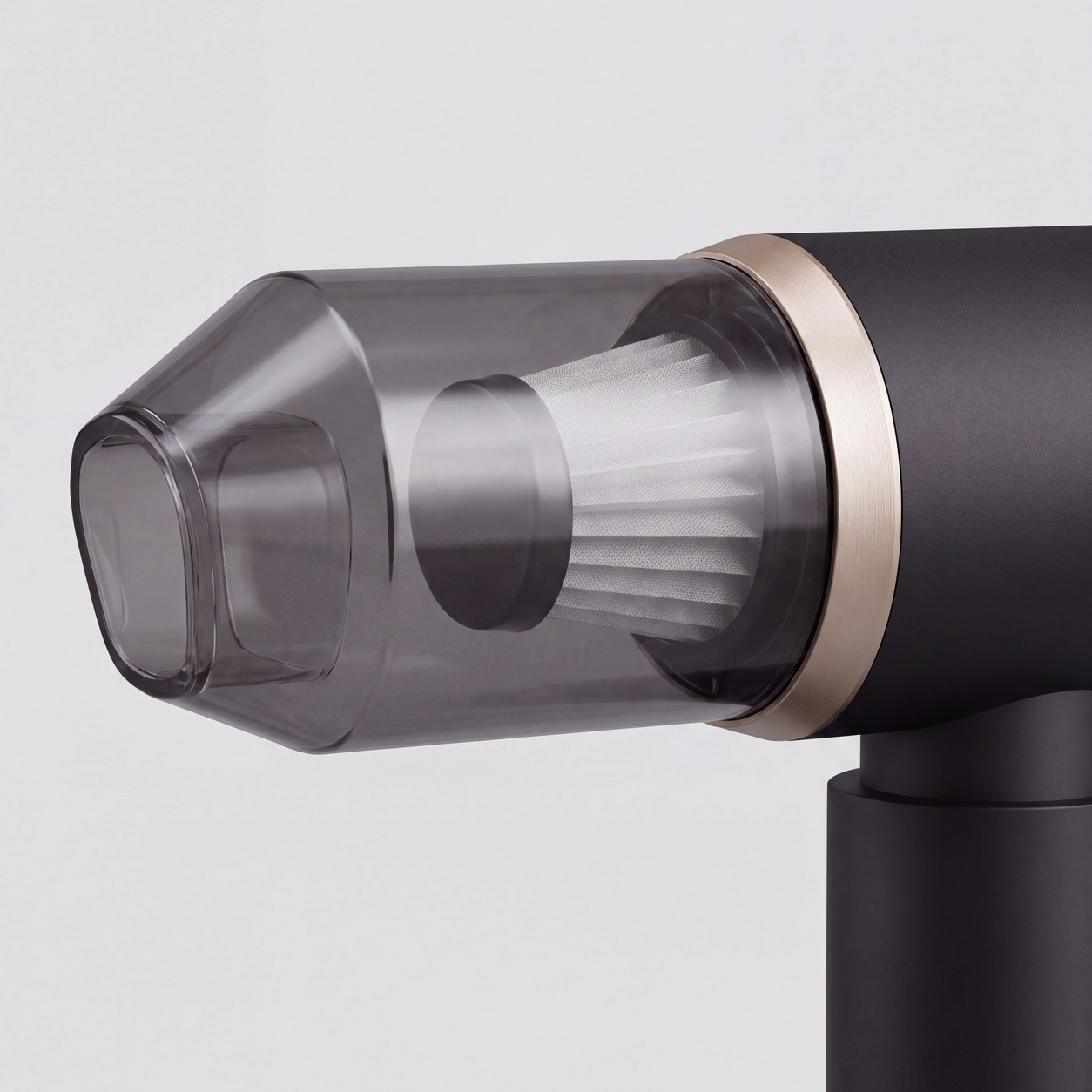 Detail of the clear dust canister and pleated filter