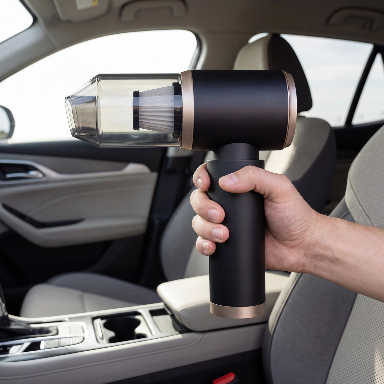 Mini cordless vacuum held inside a parked car
