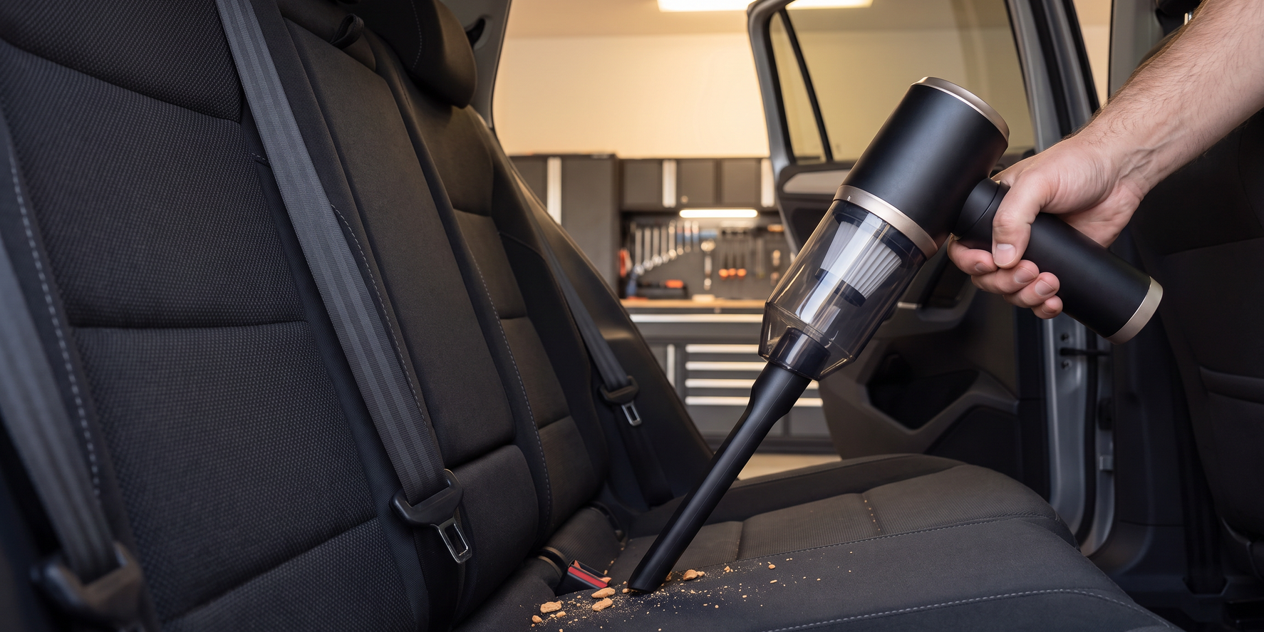 Mini vacuum cleaning a rear seat seam in a car parked in a garage