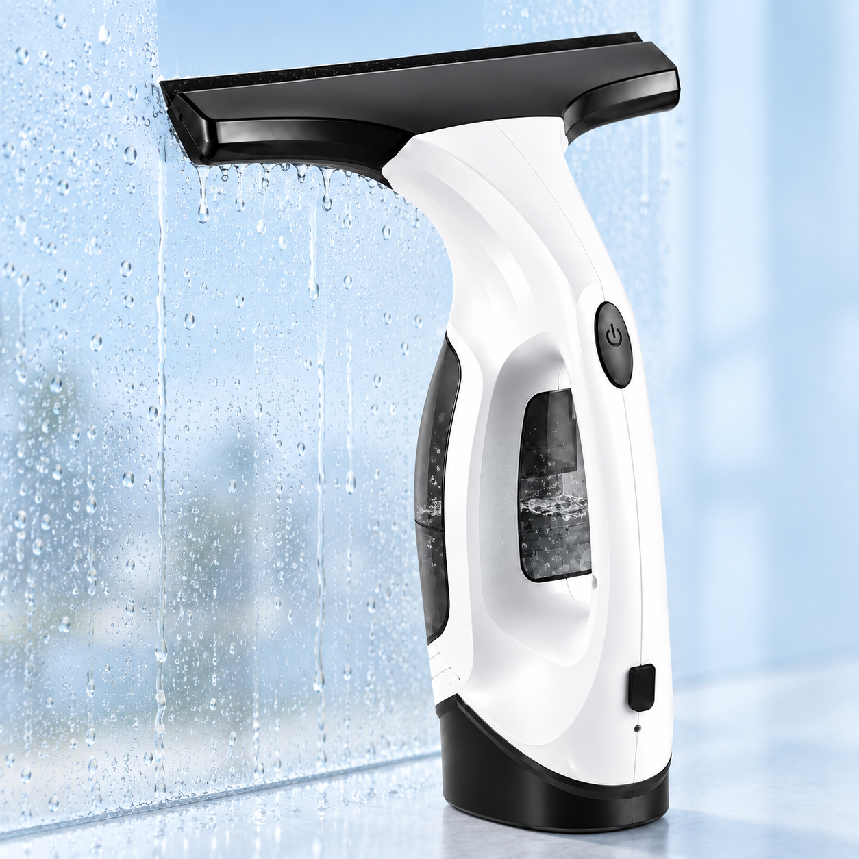 Handheld window vacuum with squeegee attachment and collection reservoir