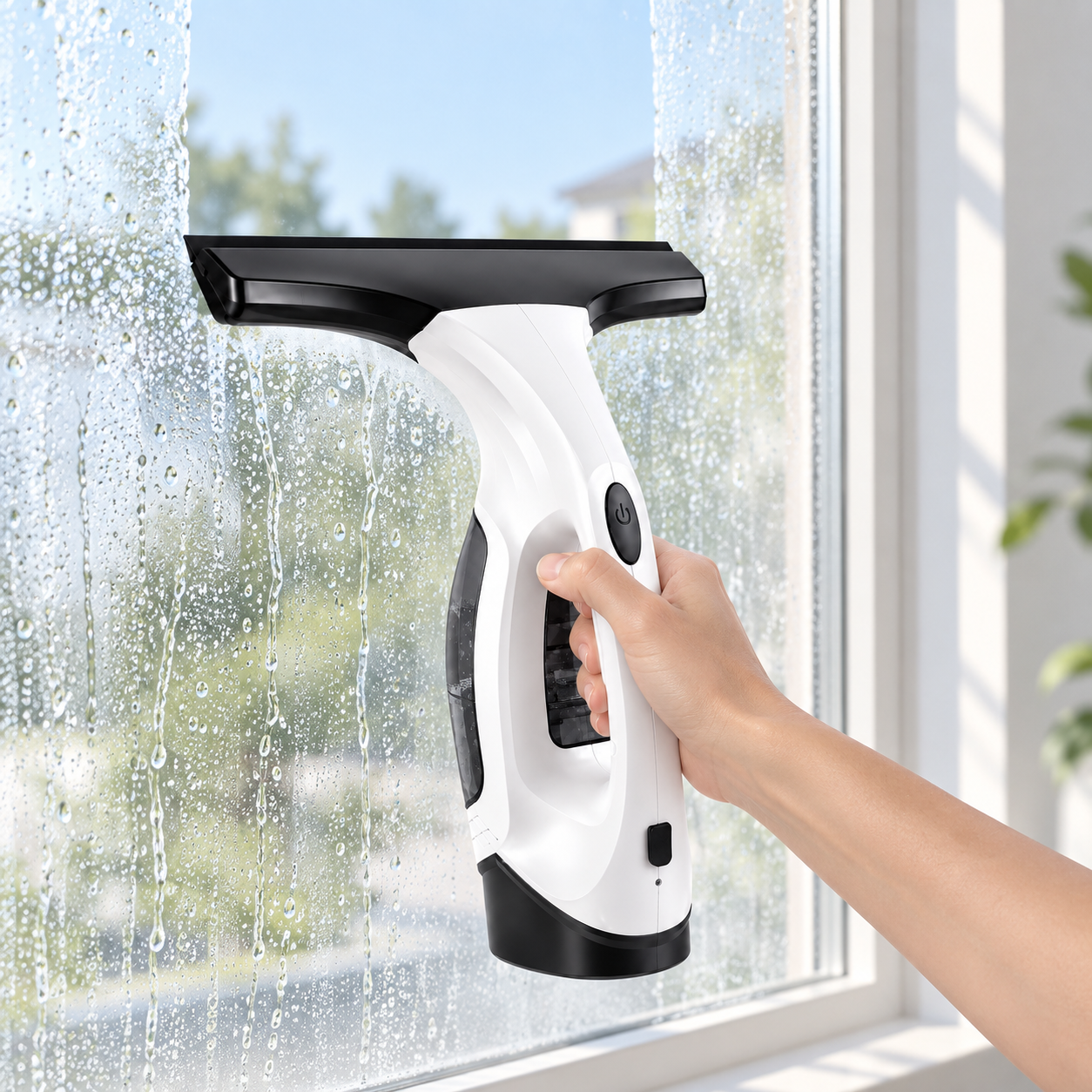 Cordless window vacuum used on a glass window