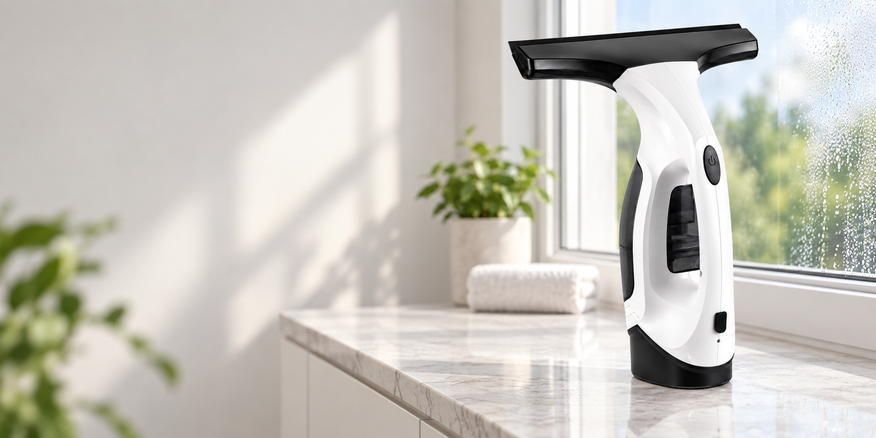 Cordless handheld window vacuum used on a bright glass surface