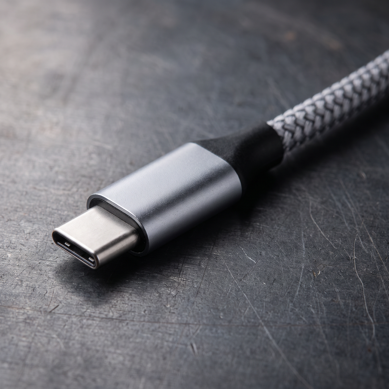 Close-up of the USB-C plug and braided nylon