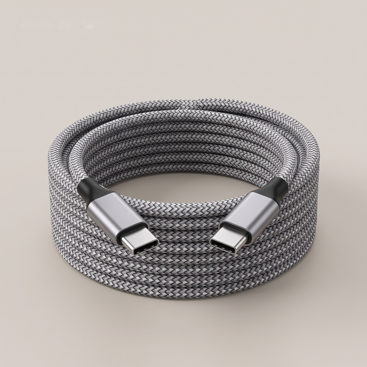 Grey braided USB-C to USB-C cable, 2 m, coiled