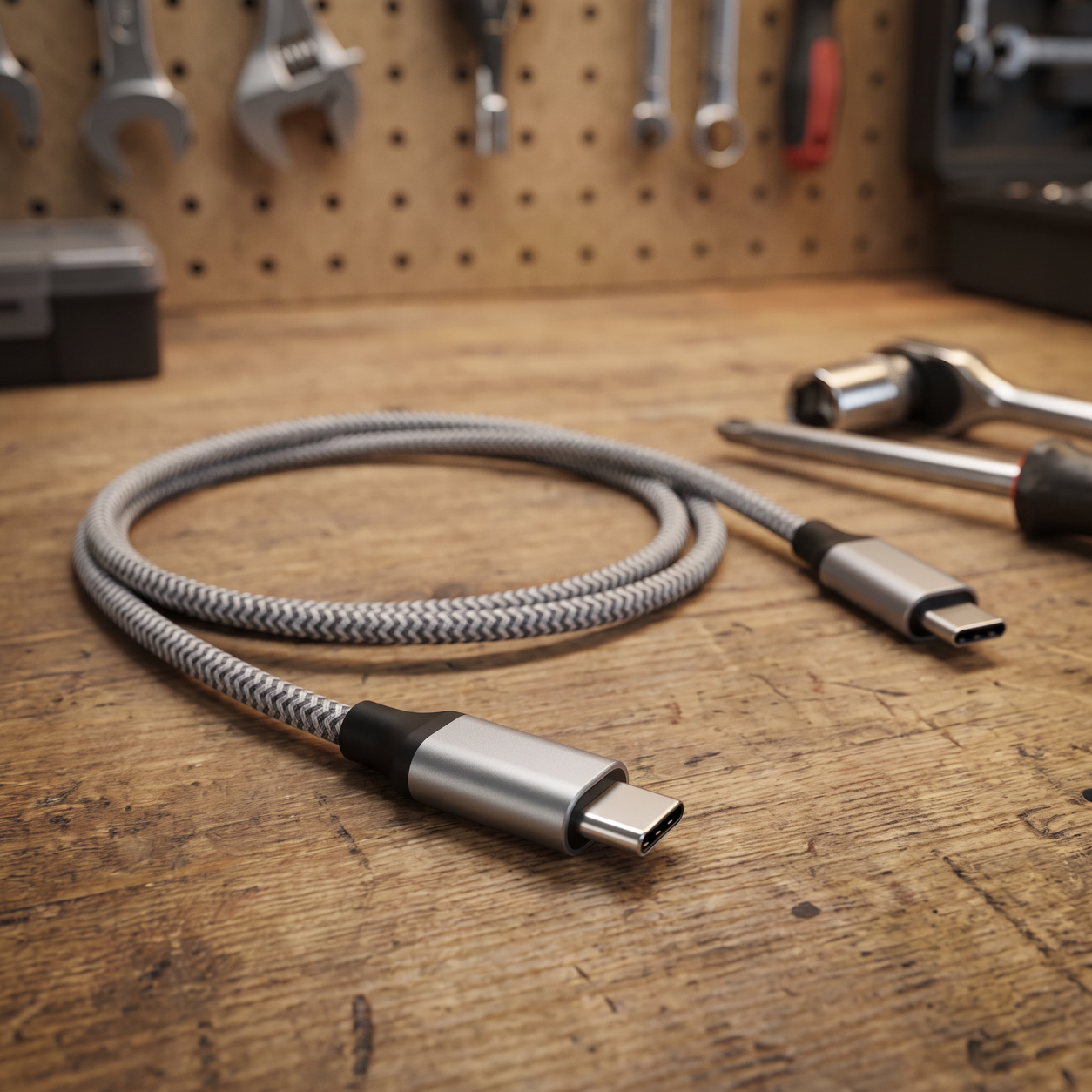 Braided USB-C cable on a garage workbench
