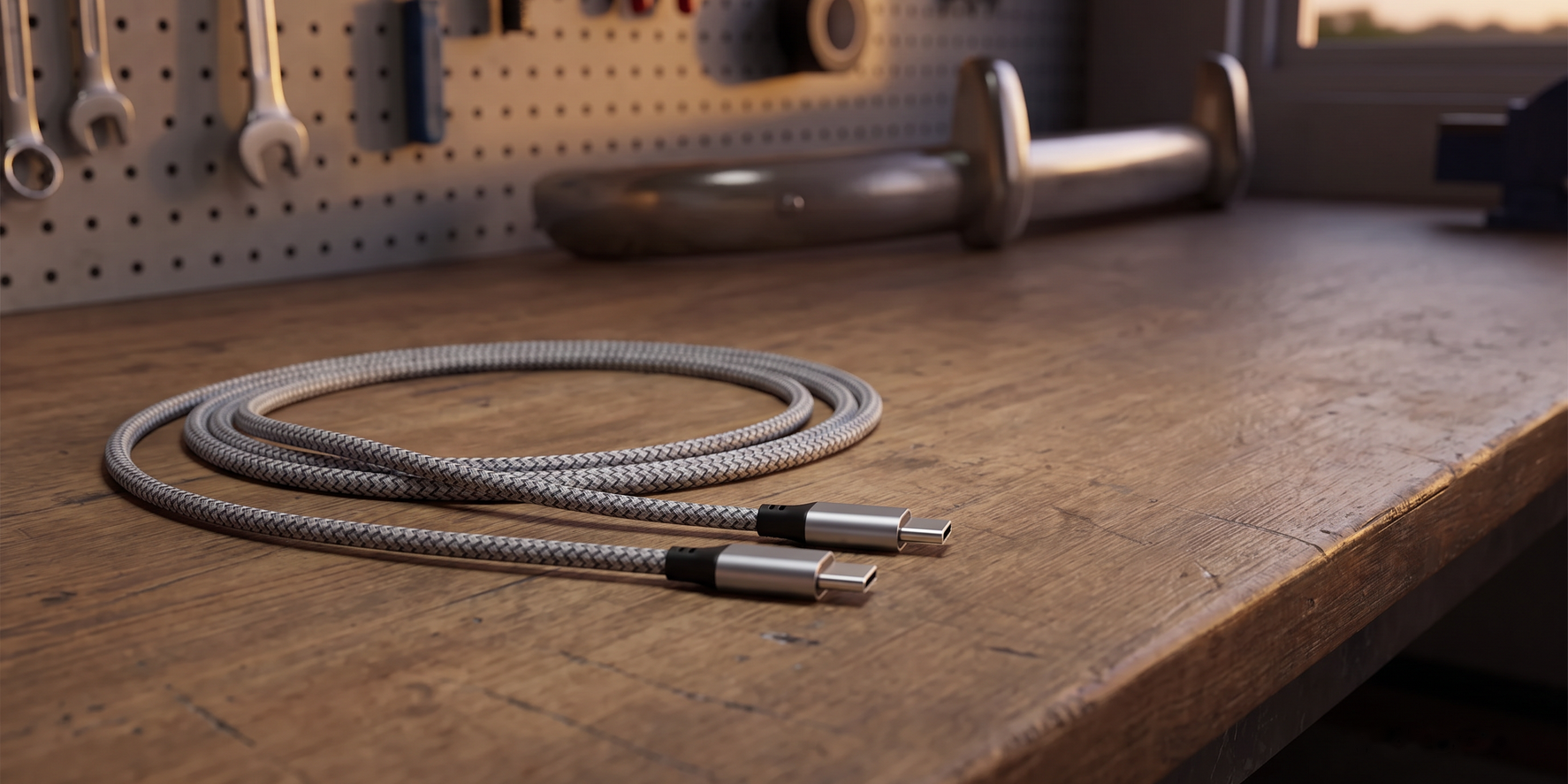Braided USB-C cable on a garage bench
