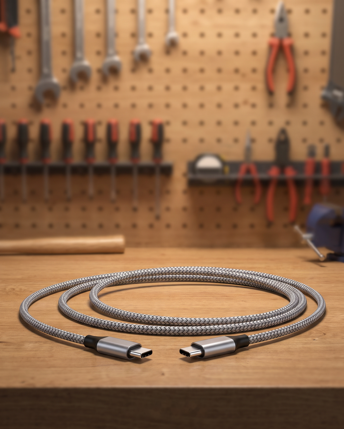 Braided USB-C cable in a workshop